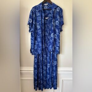 Vintage Go Fish Dress + Shirt Large Blue Floral Rayon Resort Beach Hawaiian 90s